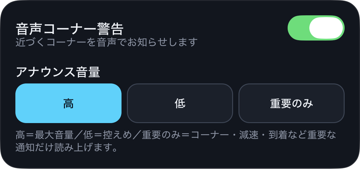 音声案内と音量を自分好みに。