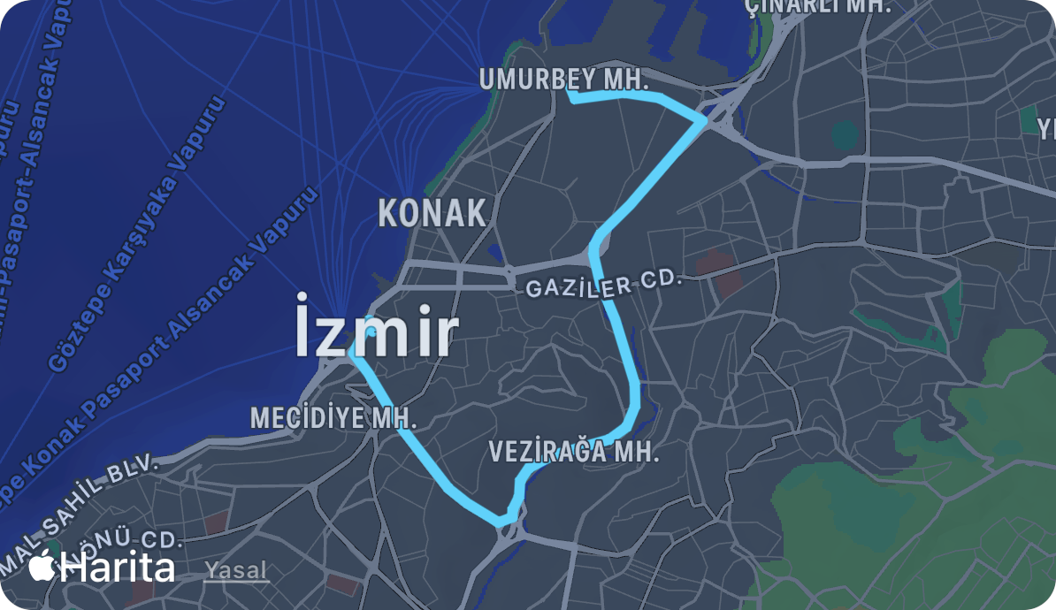 Khopilot iPhone uygulamasındaki rota haritası