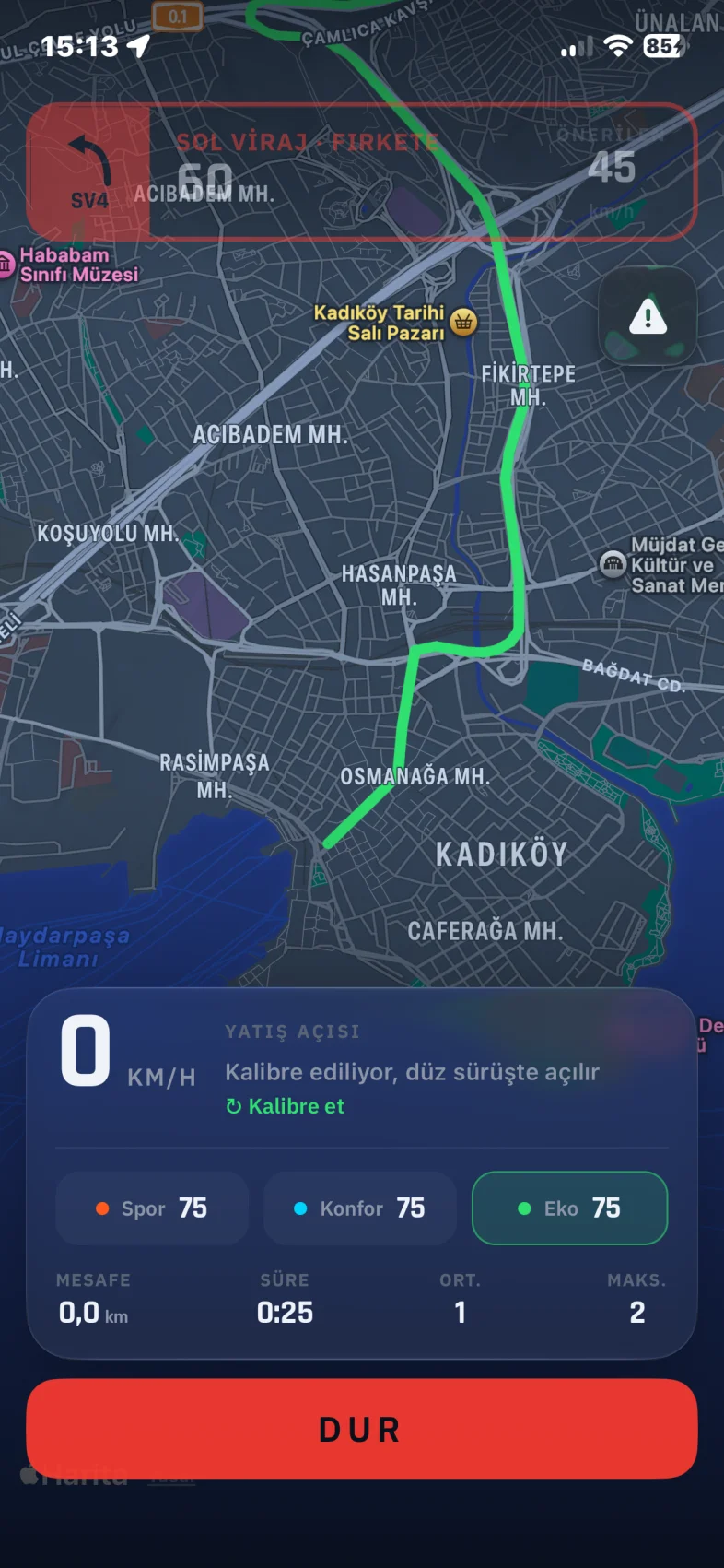 Khopilot etap ekranında rota ayrıntıları ve sürüş istatistikleri